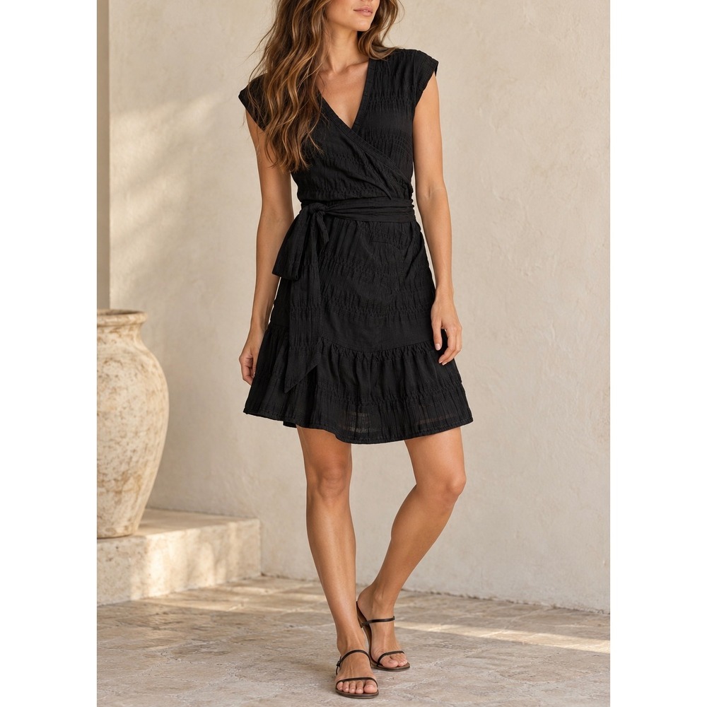 VERONICA BEARD Shadow Extended Shoulder Short Sleeve Faux Wrap Dress
